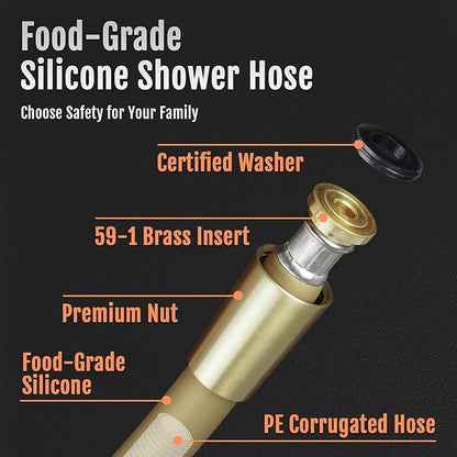 Super Flexible Gold Silicone Shower Head Extension, Kink-Free 60 Inch Handheld Rv Shower Hose Replacement, Premium Brass Material for Cleaning Pet, Bidet