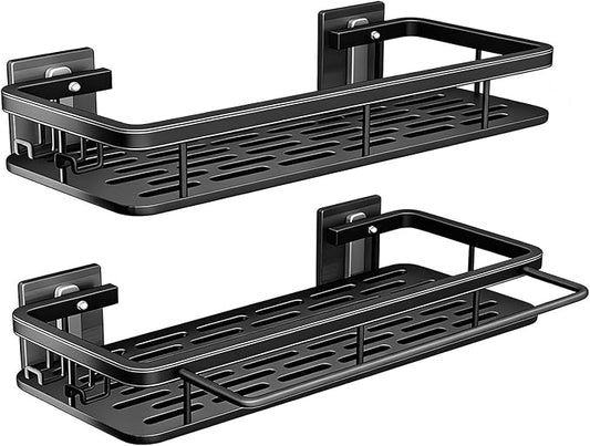 Shower Caddy Adhesive 2Pack with Hooks and Rod for Towels Black-Premium Bathroom Shower Shelves Shampoo Organizer Rack Storage Bathtub Shelf Rustproof Easy Installation Sturdy Build Sleek Modern Look