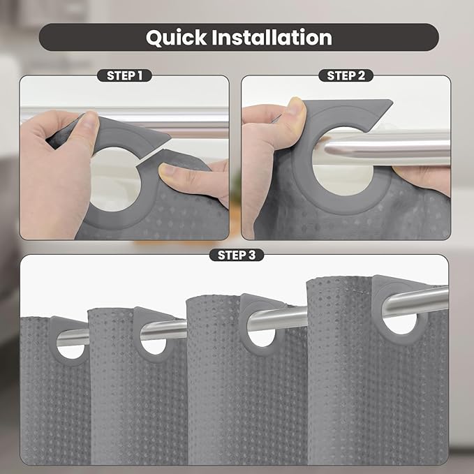 Inhousolu No Hook Waffle Weave Shower Curtain with Removable Snap in Fabric Liner Set for Bathroom, 230 GSM Heavy Duty Weighted Hem, Water Repellent Washable Bath Curtains, 72 x 78 Inch, Grey
