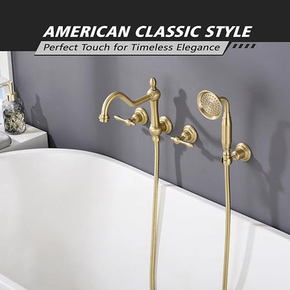 SUMERAIN Wall Mount Tub Faucet with Hand Shower, Brushed Gold Traditional Style Bathtub Faucet, Rough-in Valve Included