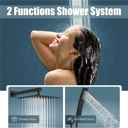 Aolemi Shower Faucet Set Rain Shower System with Handheld Spray Bathroom Shower Combo Rough-in Valve and Shower Trim Kit Included Matte Black 10 Inch Wall Mount Shower Head