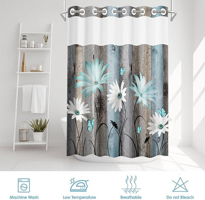 No Hook Rustic Farmhouse Shower Curtain with Snap in Fabric Liner Set, Teal Daisy Flowers and Butterfly on Wooden Double Layers Waterproof with See Through Top Bath Curtain 71x74 Inch