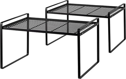 2Pack Kitchen Cabinet Shelf Counter Organizer Rack Pantry Storage Bathroom Bedroom Office Table Desk Space Saving Stackable Rust Resistant Non Slip Black Tall Wide L13.1in W10.6in H9.5in