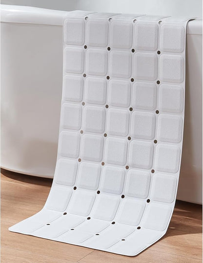 Non-Slip Bath Mat for Tub & Shower：Silicone Foldable Bathtub Mat with Strong Suction Cups, Quick Drain Holes, Machine Washable Extra Large Bathroom Mats 35.8" x 17.7", White