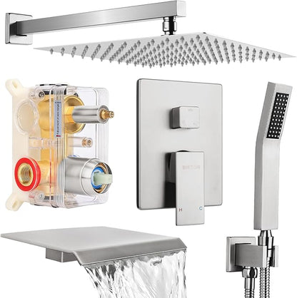 Wall Mounted Shower Faucet Set, Shower System with Tub Spout, 12 Inch Rainfall Shower Head with Handheld Spray, Waterfall Tub Spout Bathtub Faucet, Brushed Nickel