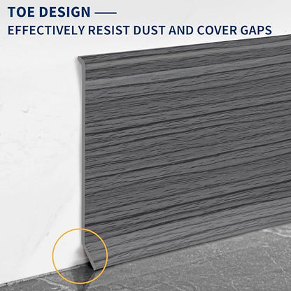 Flexible Baseboard Molding Trim 4 Inch Self-Adhesive Vinyl Wall Base Peel and Stick Cove Base Rubber Wall Baseboard Moulding Trim (100Ft, Deep Gray Wood Grain)
