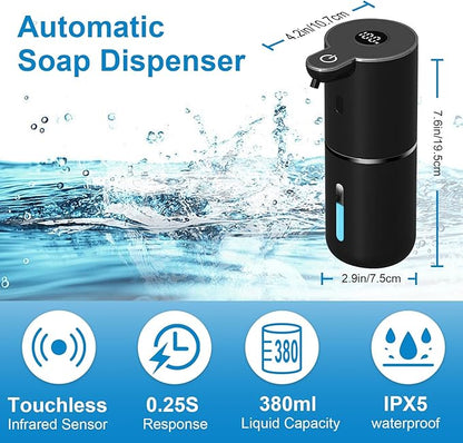 Automatic Foaming Soap Dispenser Touchless, USB Rechargeable Smart Hand Soap Dispenser, 6-Level Adjustable, 12.8oz/380mL, Compatible with Thick Thin Dish Soap for Bathroom Kitchen-Black