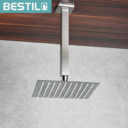 BESTILL 10 Inch Brushed Nickel Ceiling Mount Shower Arm and Flange, Square Rain Shower Arm