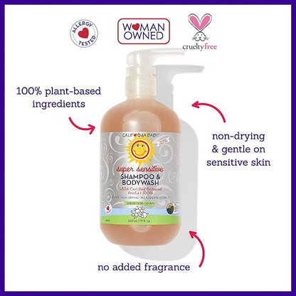 California Baby Super Sensitive Baby Shampoo + Baby Wash | 100% Plant-Based | Unscented Body Wash For Sensitive Skin | Hypoallergenic | 562 mL / 19 oz