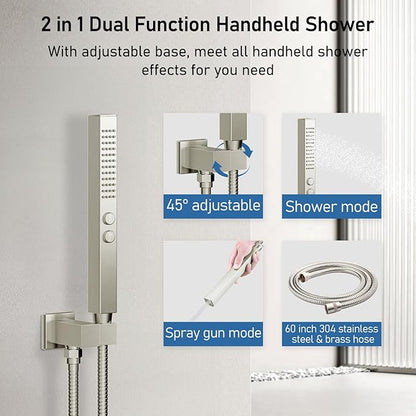 Thermostatic Shower Systems Brushed Nickel Shower Faucets Sets, STARBATH 12+ 8" Ceiling Mount Rain Shower and 2 in 1 Handhled, Can Use All at Once, Push Button 3 Modes Valve Complete Shower Set