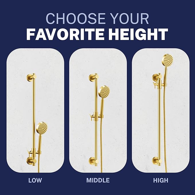 HammerHead Showers® Solid Metal 27.5 Inch Shower Slide Bar Set and Handheld Shower Head with Hose — BRUSHED GOLD — 1.75 GPM Low Flow Spray Wand — Easily Adjust Height & Angle of Handshower