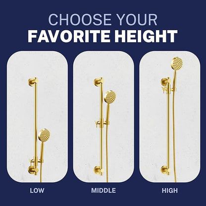 HammerHead Showers® Solid METAL 27.5 Inch Shower Slide Bar Set and Handheld Shower Head with Hose — BRUSHED GOLD — 2.5 GPM High Pressure Spray Wand — Easily Adjust Height & Angle of Handshower