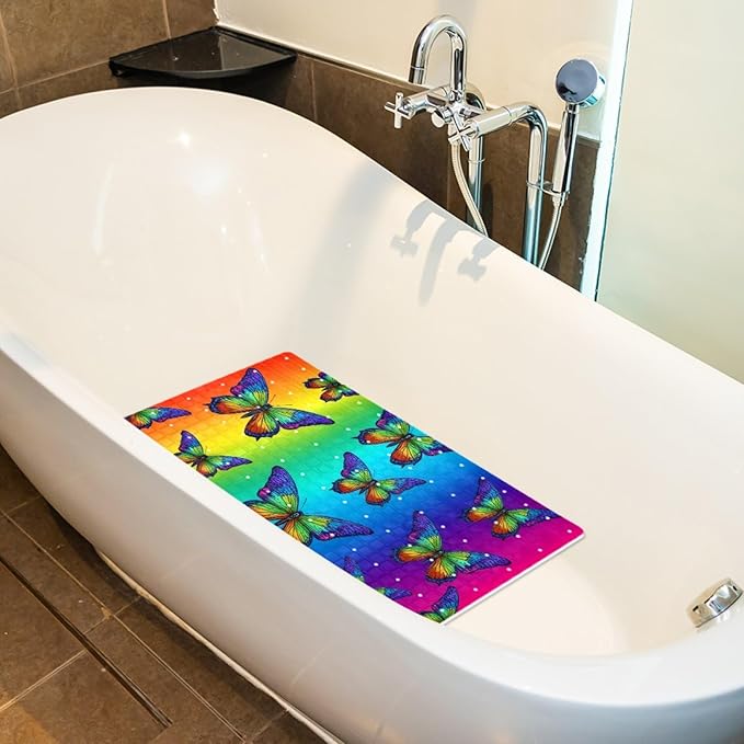 Bath Tub and Shower Mats, Non Slip Bathmat with Drain Holes and Suction Cups for Bathroom Floor, 15.1 x 26.8 Inch (Colorful Butterflies on Vibrant Gradient Background)