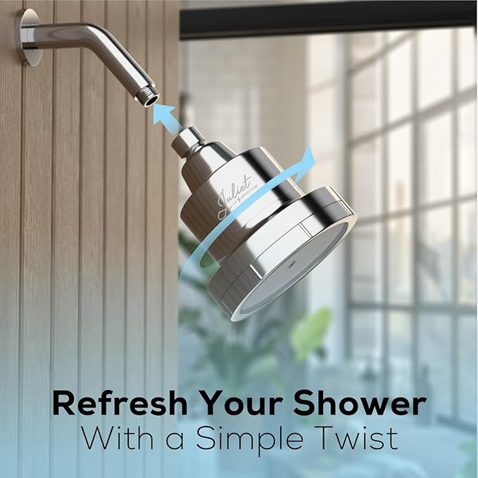 THE JULIET FILTERED SHOWER HEAD - Luxury High Pressure Shower Head with Filters - Removes Impurities for Healthier Hair and Skin - Reduces Hair Breakage, Skin Dryness & Irritation (Polished Chrome)