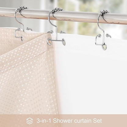 3 in 1 Shower Curtain Set, Blush Pink Waffle Shower Curtain and PEVA Liner Set with 12 Stainless Steel Shower Curtain Hooks, Waterproof Shower Curtains for Bathroom, 72 W x 72 H