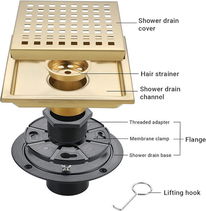 6 Inch Square Shower Floor Drain, Stainless Steel Black Shower Drain Kit with Flange, Floor Drain with Removable Grid Cover,Brushed Gold
