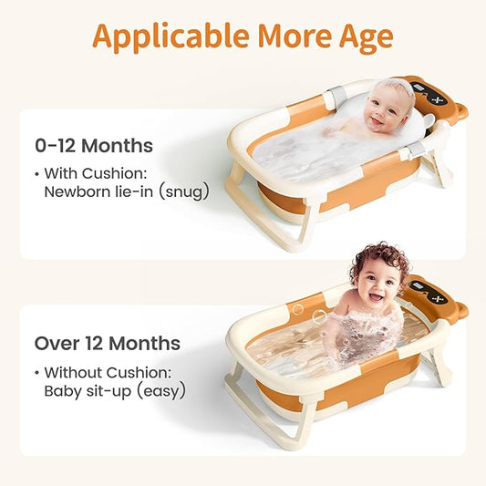 Collapsible Baby Bathtub for Newborn to Toddler (0-18 Months) - Foldable Baby Bath Tub with Soft Towel, Newborn& Infant Bathtub for Travel and Outdoor, Brown