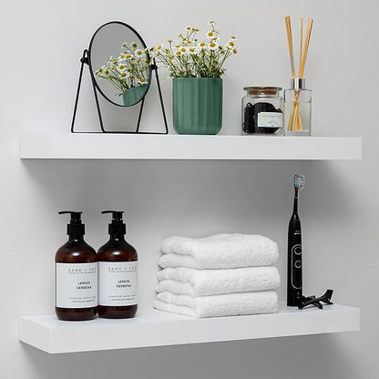 Homeforia White Floating Shelves 24 inch, High End Solid Real Wood 24inch Bathroom Floating Shelf for Wall Mounted, White Wooden 24in Floating Shelves, Heavy Duty Bracket, 24 X 6.5 X 1.75 in, Set of 2