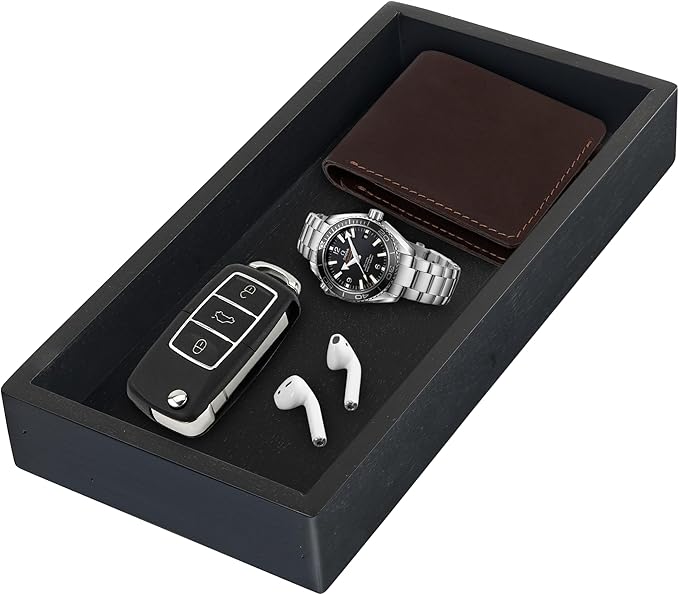 Demigo Acacia Valet Tray, 12.2 x 6 in Men and Women Wooden Catch All Tray for Entryway Table, Bedside Nightstand Organizer, Home Office, Tabletop Storage Vanity for Wallet, Jewelry, Perfume (Black)