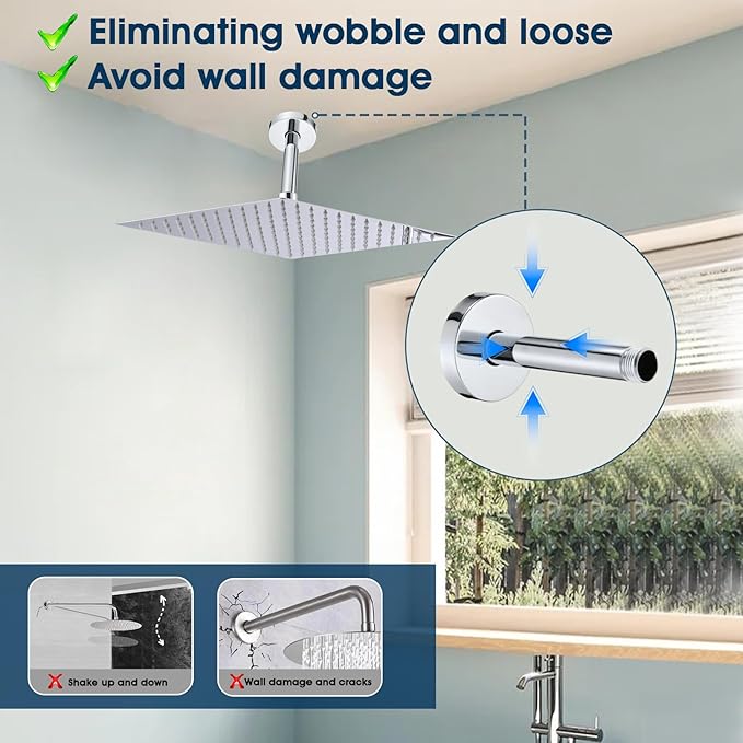 6 Inch Shower Arm with Flange and Stabilizer Bracket, Ceiling Mount Replacement Rain Shower Head 304 Stainless Steel Straight Arm For Fixed Shower Head, Chrome