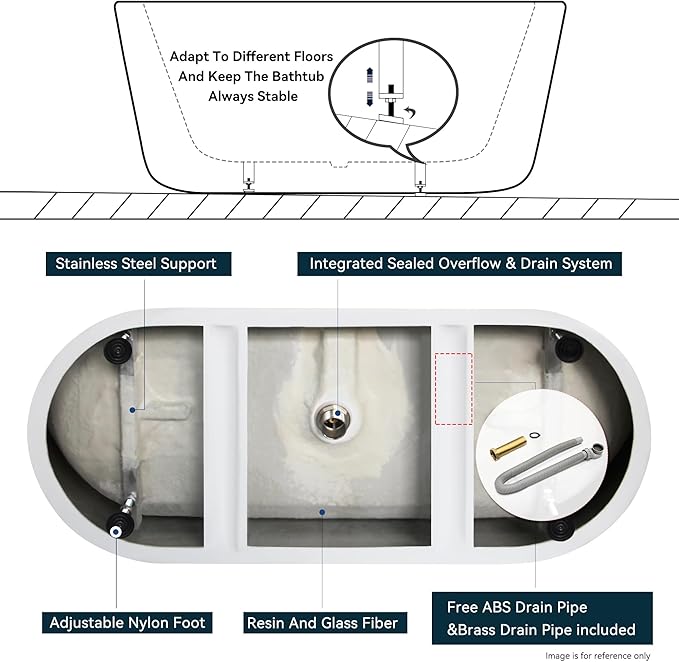 FerdY 59" Bali Elite Acrylic Freestanding Bathtub, Gracefully Shaped Freestanding Soaking Bathtub, cUPC Certified, Toe-Tap Brushed Nickel Drain and Minimalist Linear Design Overflow Included