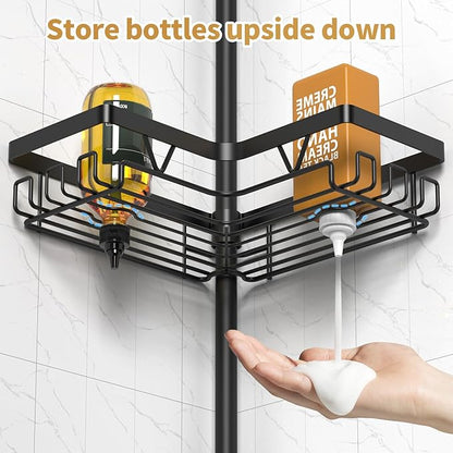 Tension Rod Shower Caddy Corner - Tension Pole Shower Caddy with 2 Towel Bars & Toothbrush Holder, Black Bathtub Organizers and Storage Corner Stainless Steel(Tall 25 to 114.2 Inches)