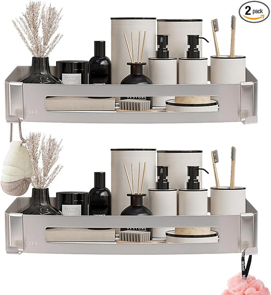 NearMoon Bathroom Shower Caddy 2 Pack, No Drill 304 Stainless Steel Shower Organizer with 2 Hooks (Shower Shelf, Brushed Nickel)