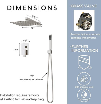 WELLFOR 12-In Wall Mounted Rain Shower Faucet with Single Handle and Handheld Spray, Waterfall Dual Head Shower Head System with 2-way Diverter, Pressure-balanced Valve Included, Brushed Nickel