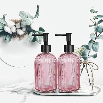 Glass Soap Dispenser with Plastic Pump, Hand Soap Dispenser for Hand Wash, Lotion Dispenser for Dishwashing Liquid, Lotion Shower Gel (Striped Pink)
