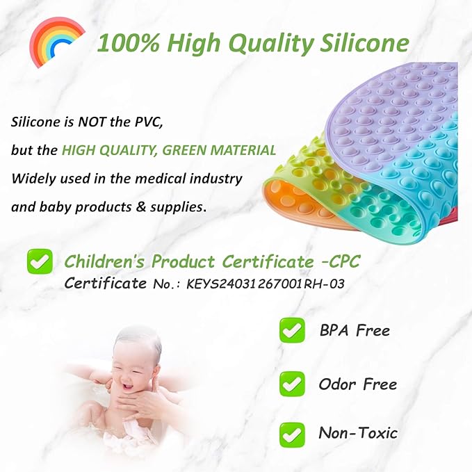 Baby & Toddler Bath Mat for Tub，Silicone Non Slip Bathtub Mat for Kids with 27 x 15 Inches for Storage, Rainbow Bathbub Mat with Push Pop Bubbles, Machine Washable Shower Mat, Colorful, Oval