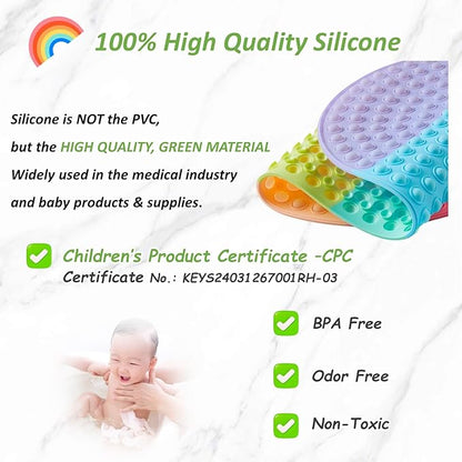 Baby & Toddler Bath Mat for Tub，Silicone Non Slip Bathtub Mat for Kids with 27 x 15 Inches for Storage, Rainbow Bathbub Mat with Push Pop Bubbles, Machine Washable Shower Mat, Colorful, Oval