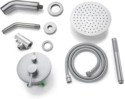 Brushed Nickel Shower System with Waterfall Tub Spout, 8 Inches Rain Shower and Handheld