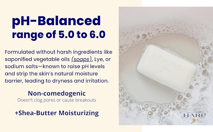 HARP pH-Balanced (5.0-6.0) Body Wash Bar. 100% Syndet. Protects Moisture Barrier For Sensitive, Dry or Irritated skin. + Shea Butter/Borage Oil. Non-Comedogenic. VANILLA LAVENDER FRAGRANCE