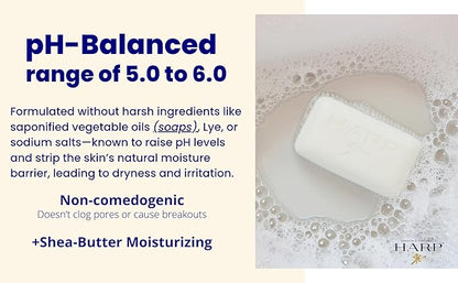 HARP pH-Balanced (5.0-6.0) Body Wash Bar. 100% Syndet. Protects Moisture Barrier For Sensitive, Dry or Irritated skin. + Shea Butter/Borage Oil. Non-Comedogenic. FRAGRANCE FREE