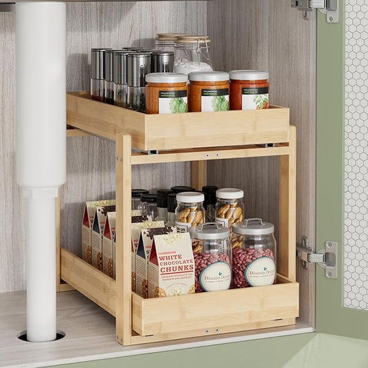 2 Pack Under Sink Organizer, Bamboo Wooden 2-Tier Pull-Out Storage with Sliding Drawers for Kitchen and Bathroom Cabinets, Easy Installation (Natural, 1 pack)