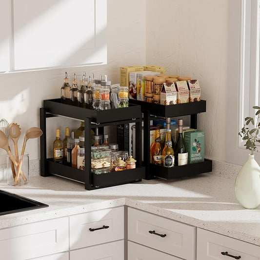 2 Pack Under Sink Organizer, Bamboo Wooden 2-Tier Pull-Out Storage with Sliding Drawers for Kitchen and Bathroom Cabinets, Easy Installation (Black, 1 pack)