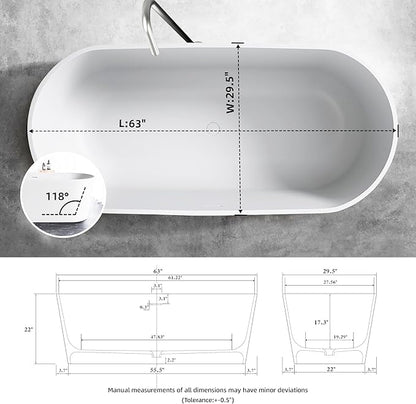 63'' Freestanding Bathtub Solid Surface Matte Bathroom Bathtub Soaking Tubs Resin Stone Bathtubs Oval Soak Tubs with Overflow and Pop-up Drain - White…