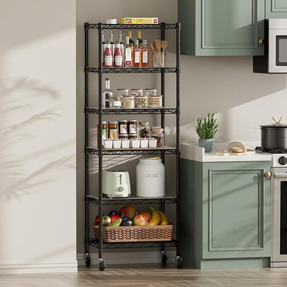 SINGAYE 6 Shelf Storage Wire Shelves Closet Bathroom Organizers Metal Pantry Kitchen Small Garage Shelving Unit Laundry Room Organization Home Narrow Rack Net Basket with Wheels Black