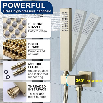 Thermostatic Shower System Three Shower Heads with 16" Ceiling Mounted Rain Shower Head & 2 x 6" Wall Mounted Head 4 Function Shower System Can All Run Together, Brushed Gold
