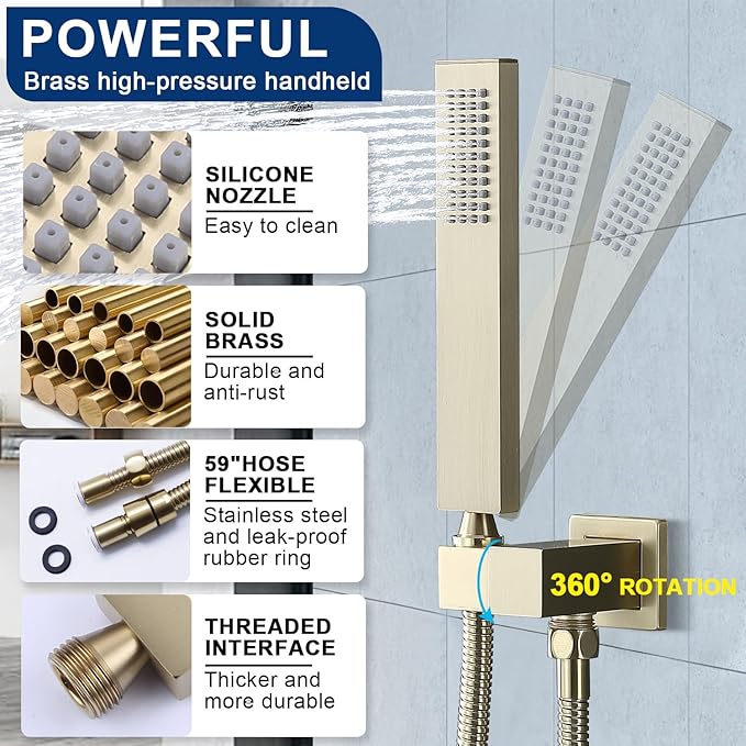 Thermostatic Shower System with 14x20 Inch Ceiling Mount LED Head & 6 Inch Wall Head and Handheld Shower 4 Function Vale with body jets Can All Run Together,Brushed Gold