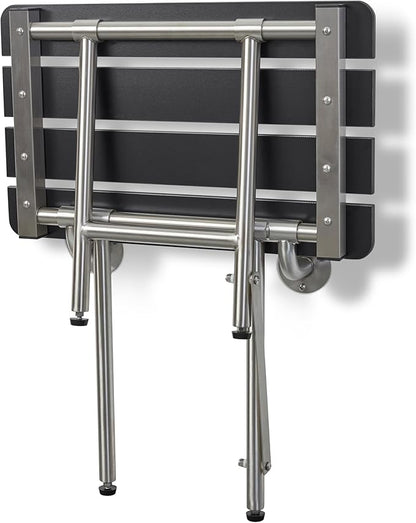 32-inch x 15-inch ADA Bariatric Folding Wall Mount Bathroom Shower Seat Bench with Legs, Black Slatted Phenolic Seat