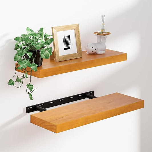 Heimlove 24 inch Floating Shelves for Wall,2 Packs Natural Pine Solid Wood Floating Shelves, 8 inches Deep Wooden Shelves for Kitchen Bedroom Office & Living Room Display Wall Decor