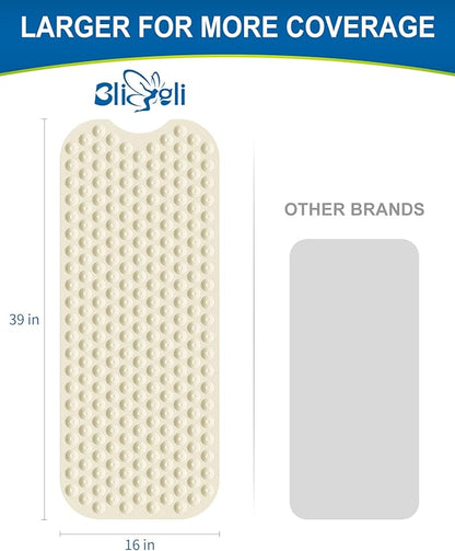 Bligli Bathtub Mat Non-Slip Without Suction Cups, 39x16inch Extra Long Bath Mats for Shower Bathroom, Machine Washable Natural Rubber Shower Tub Mat (39x16inch, Beige)