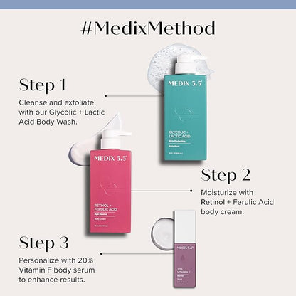 MEDIX Anti Aging Skin Care 3PC Set | Retinol Body Cream + Exfoliating AHA Glycolic Acid Foaming Face & Body Wash + Vitamin F Booster Serum, Wash + Treat + Hydrate Skincare Set