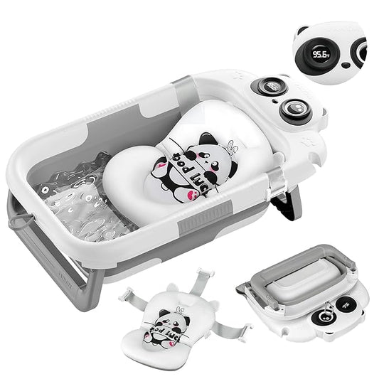 Collapsible Baby Bathtub for Newborn to Toddler (0-24 Months), Portable Baby Bath Tub for Travel, Newborn Bathtub with Soft and Supportive Cushion (Panda-Gray)