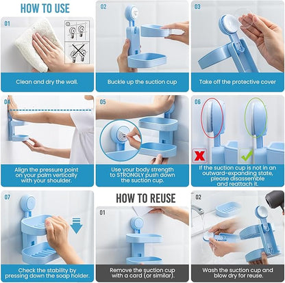 TAILI Double Layer Soap Dish Holder Suction Cup, Strong Sponge Holder for Shower, No Tools Soap Saver for Bathroom, Tub and Kitchen Sink, Shower Accessories, Drill-Free, Removable, Blue