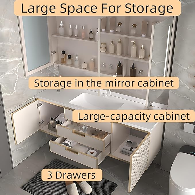 64IN Modern Bathroom Vanity - Wall-Mounted Bathroom Cabinet with LED Light | Intelligent Defogging Mirror Cabinet Includes Time Display Function, 2 Drawers & 2 Storage Cabinets (Style B)