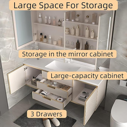 64IN Modern Bathroom Vanity - Wall-Mounted Bathroom Cabinet with LED Light | Intelligent Defogging Mirror Cabinet Includes Time Display Function, 2 Drawers & 2 Storage Cabinets (Style B)