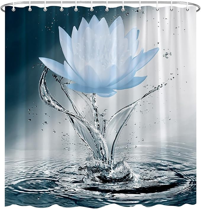 Lotus Shower Curtain Black White Blue Flower Elegant Blooming Floral with Dew Spring Flower Reflection on Water Modern Romantic Polyester Fabric Bathroom Decor 70×70 Inch with Hook