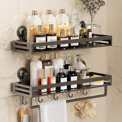 Shower Caddy Suction Cup, 11.8 inch 2 Pack Suction Shower Shelf with Hooks NO-Drilling Bathroom Holder, Rustproof Bathroom Organizer, Dark Grey